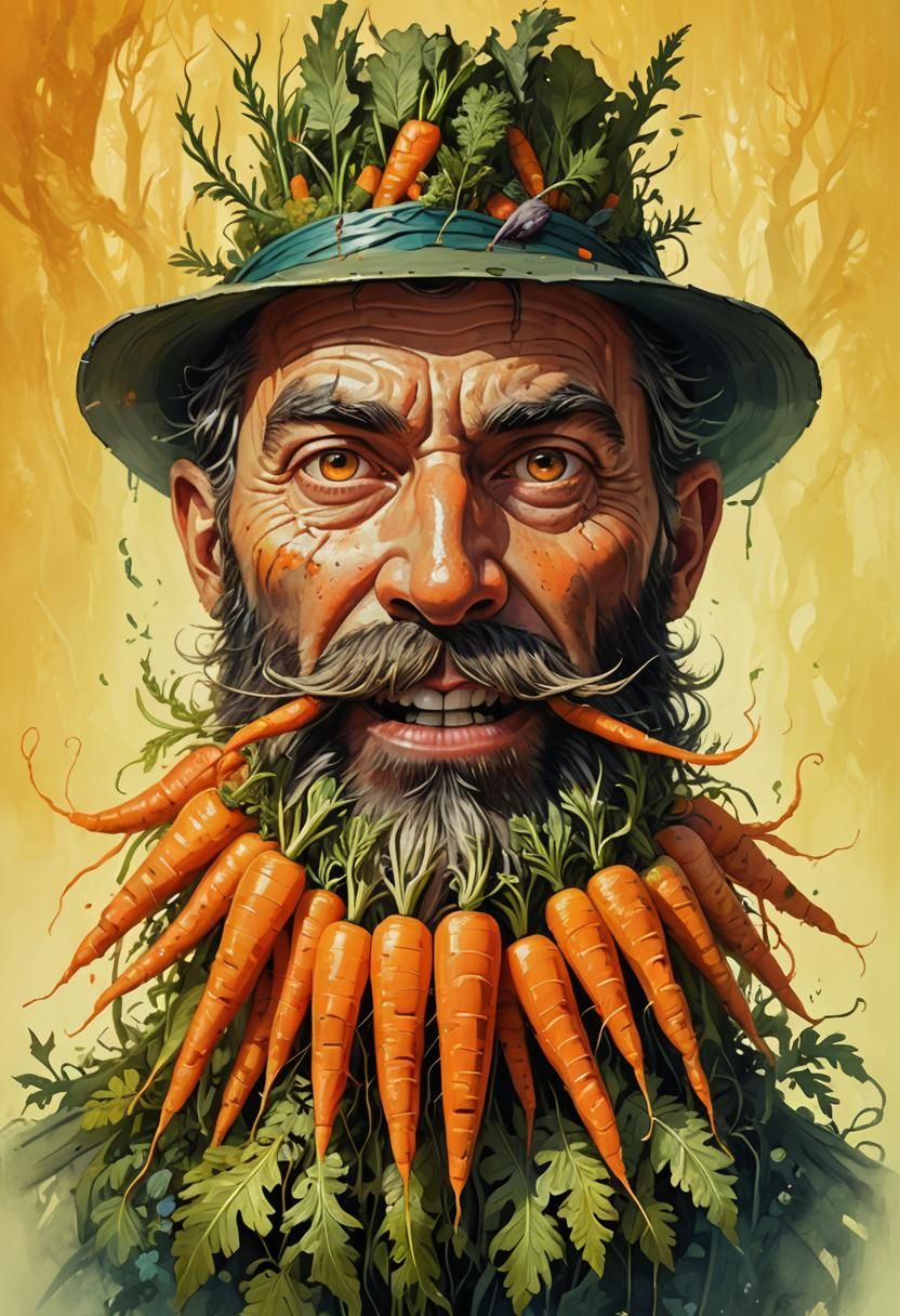 Surreal Carrot Beard in Mystical Forest Scene