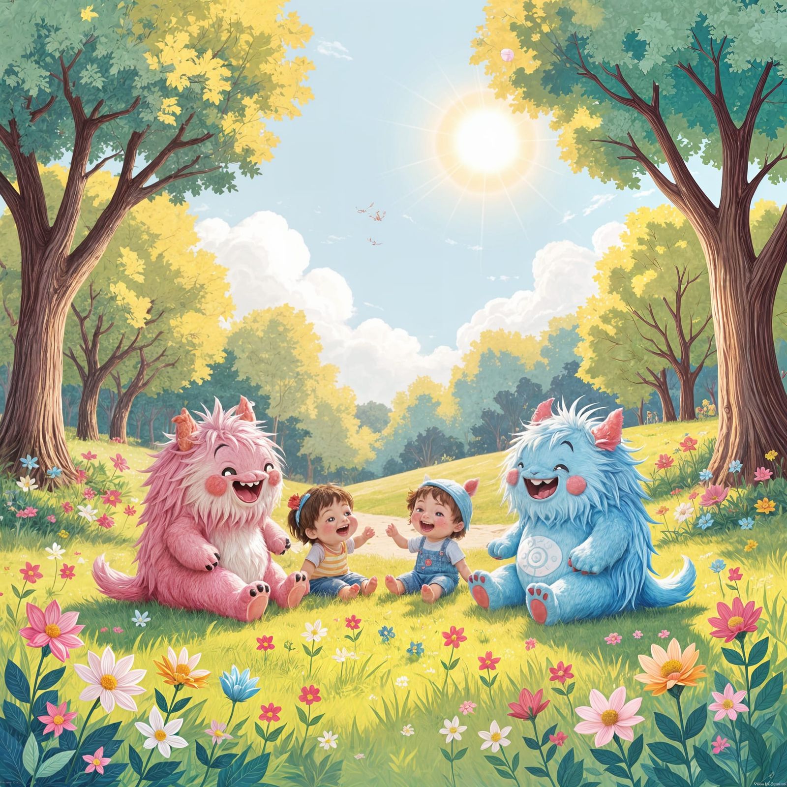 Happy Monsters Playing with Kids in Sunny Park