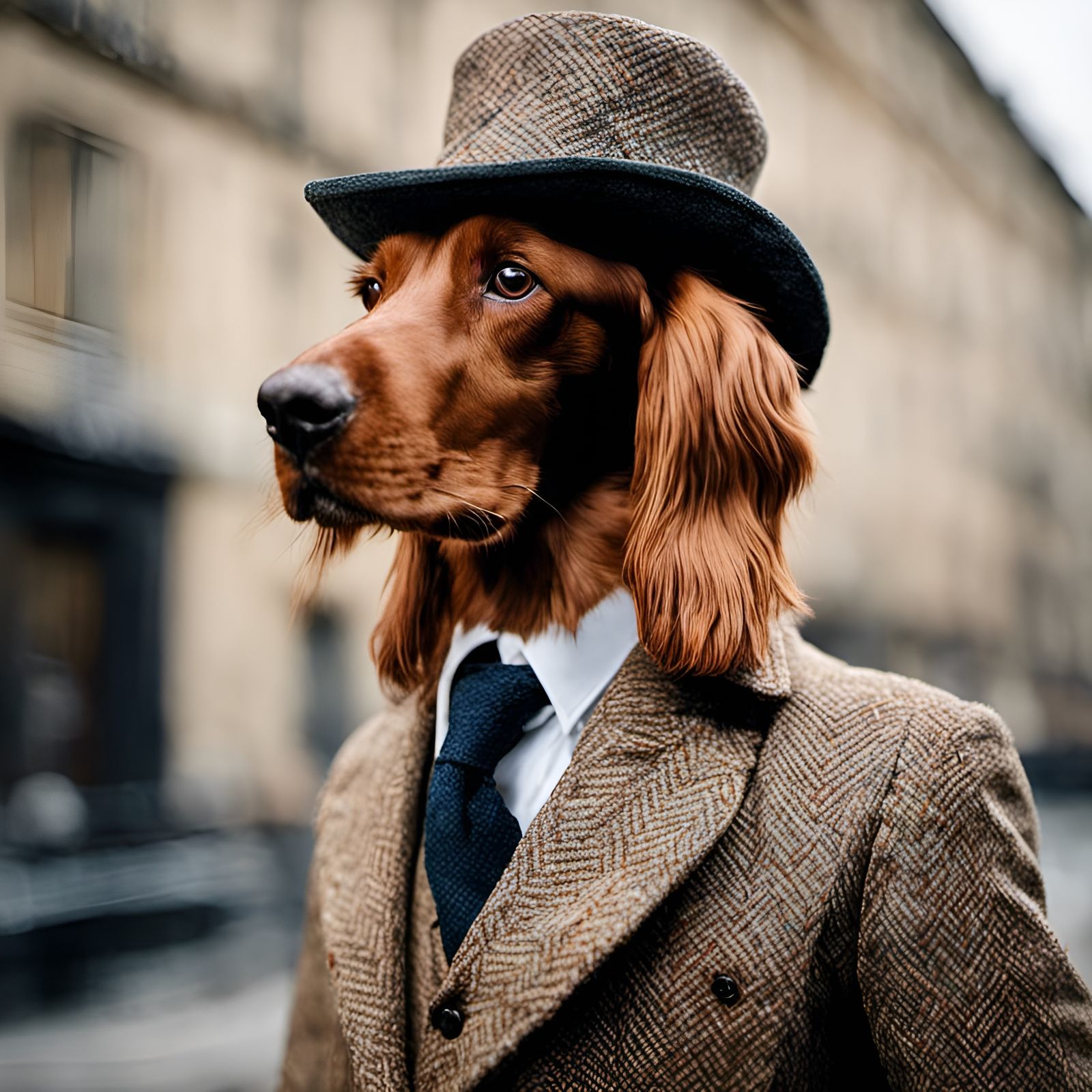 Irish Setter Detective Portrait in Tweed Suit