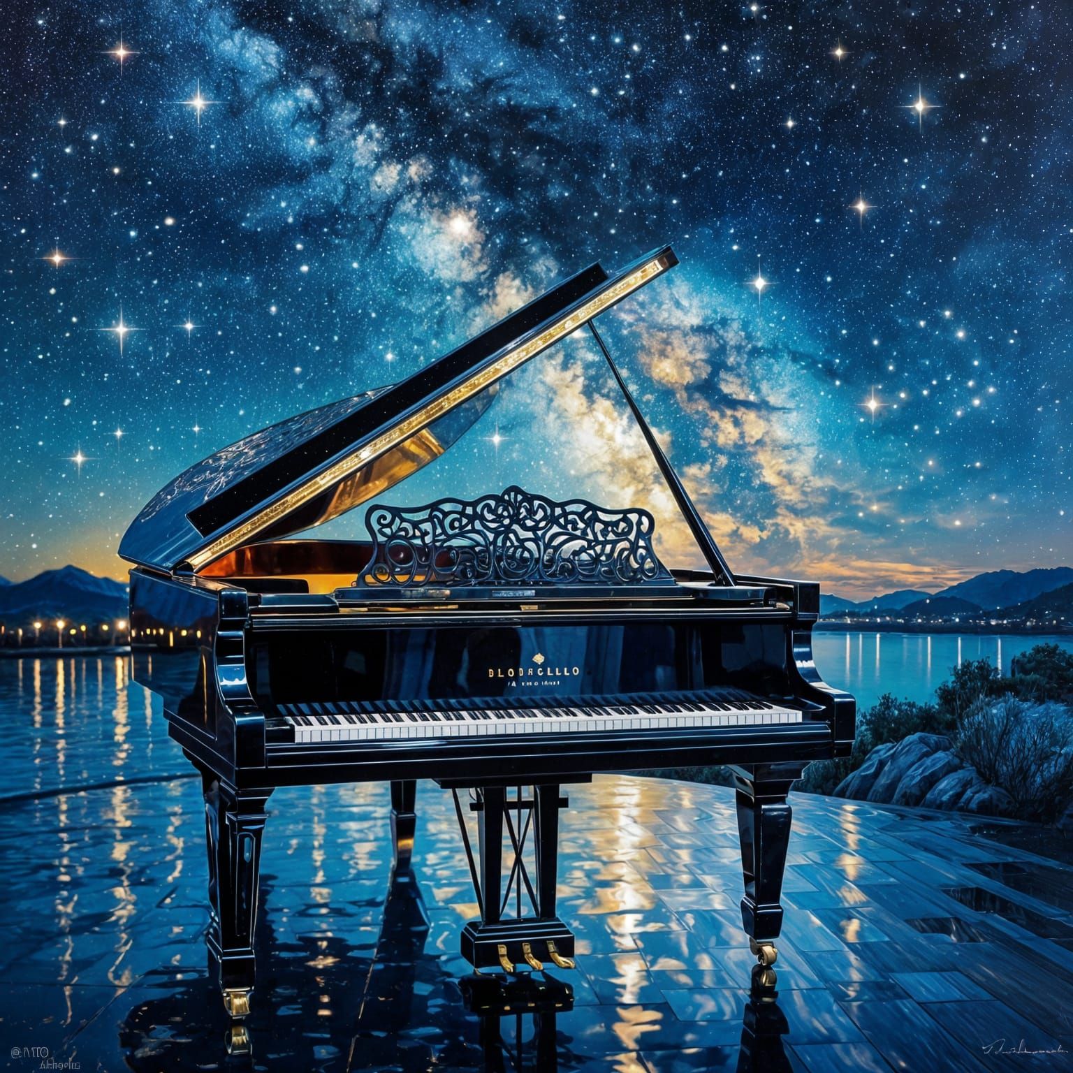 Grand Piano Under Starry Skies: Celestial Reflection