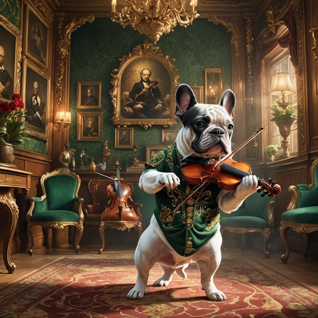 French Bulldog Violinist in Mystical Room: Digital Art