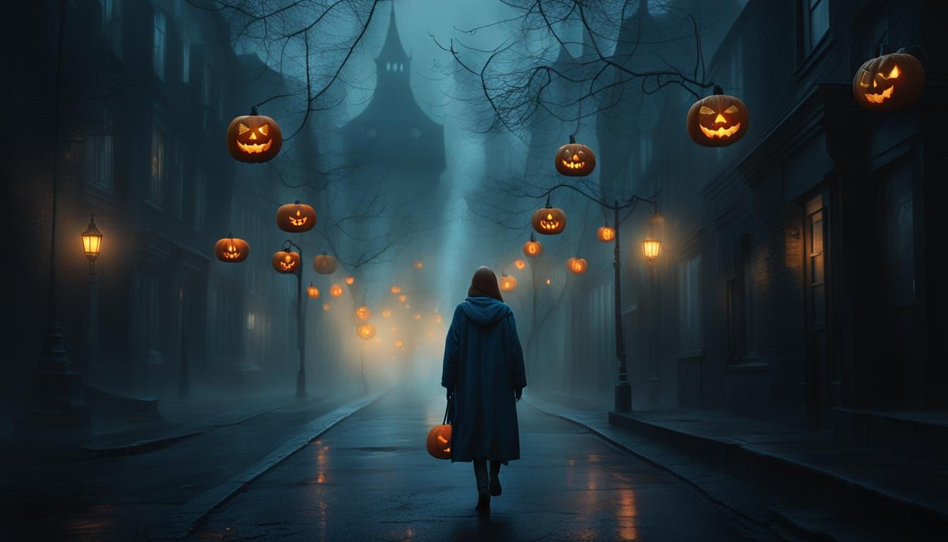 Eerie Foggy Street with Jack-o'-Lanterns in Surreal Digital ...
