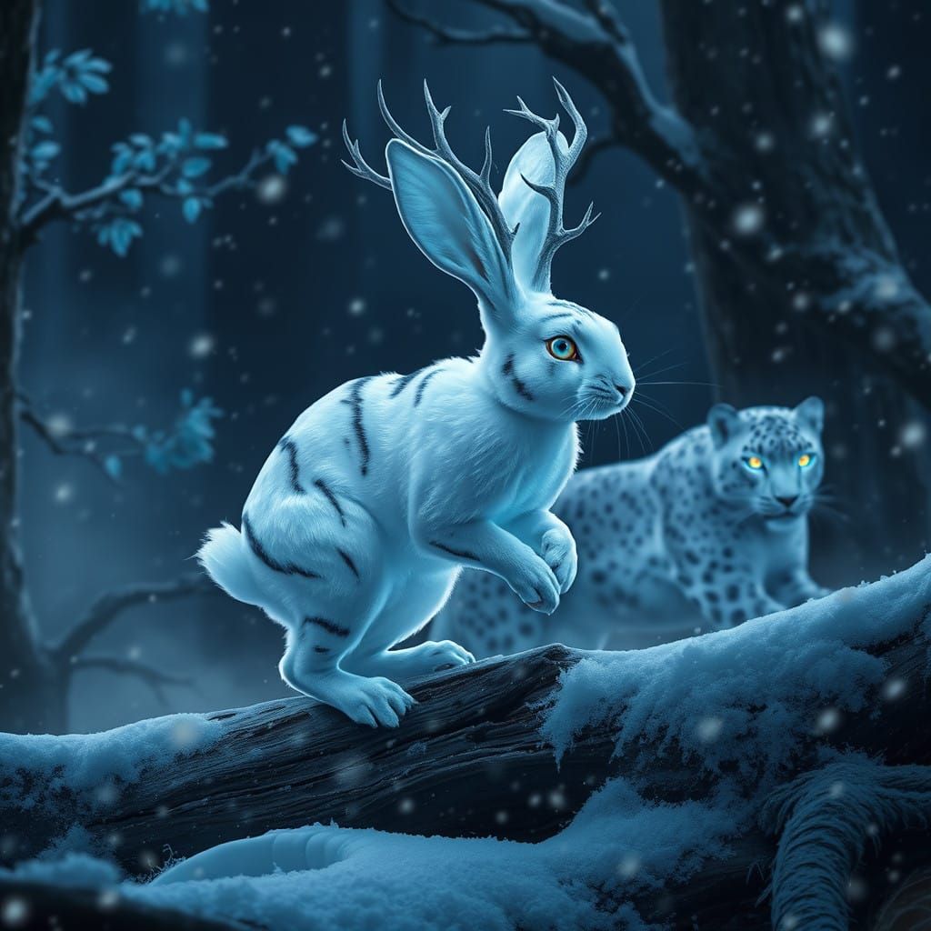 Crystal Frost Rabbit Dances with Snow Leopard in Moonlit Pri...