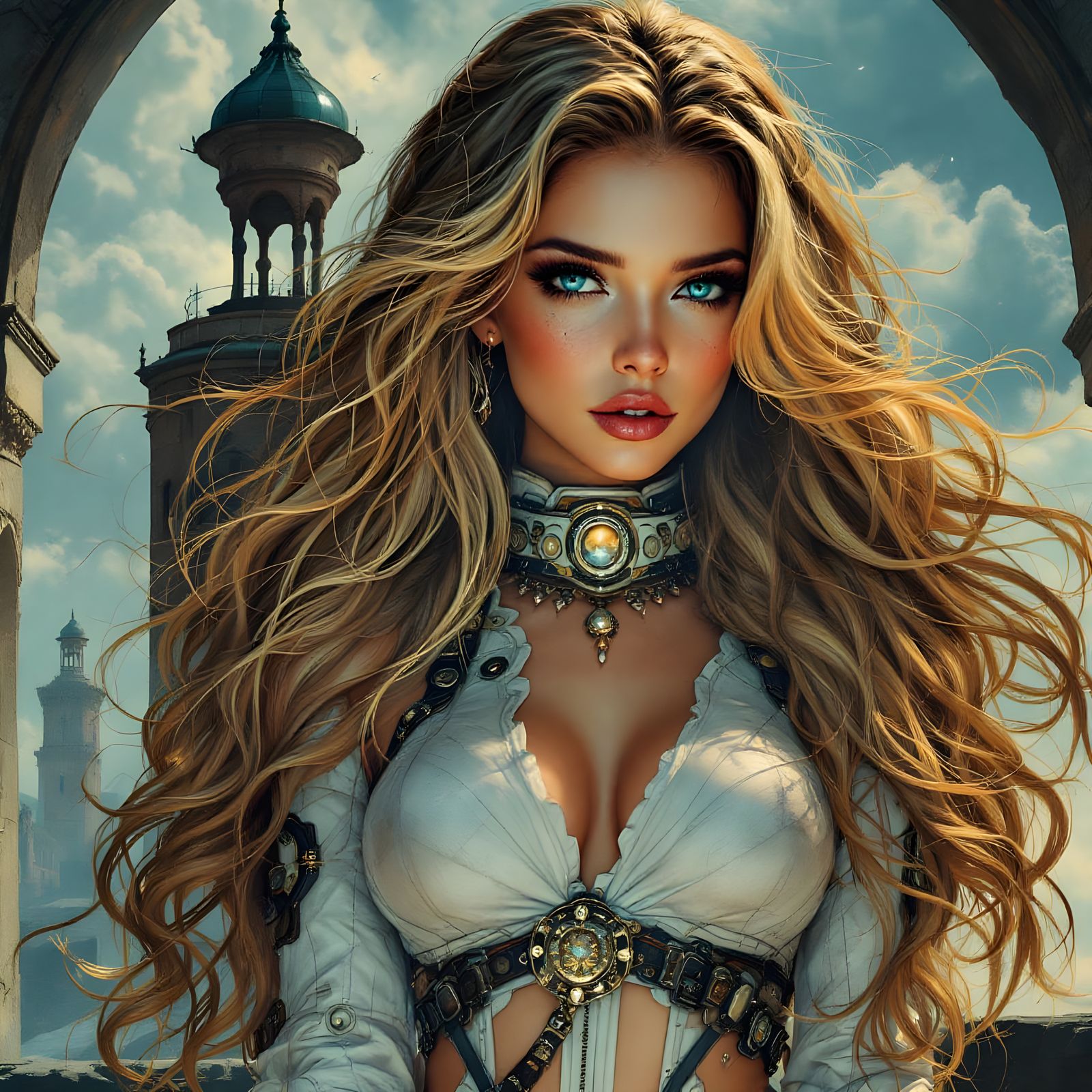 Space Huntress in Abandoned Town, Art Nouveau Style