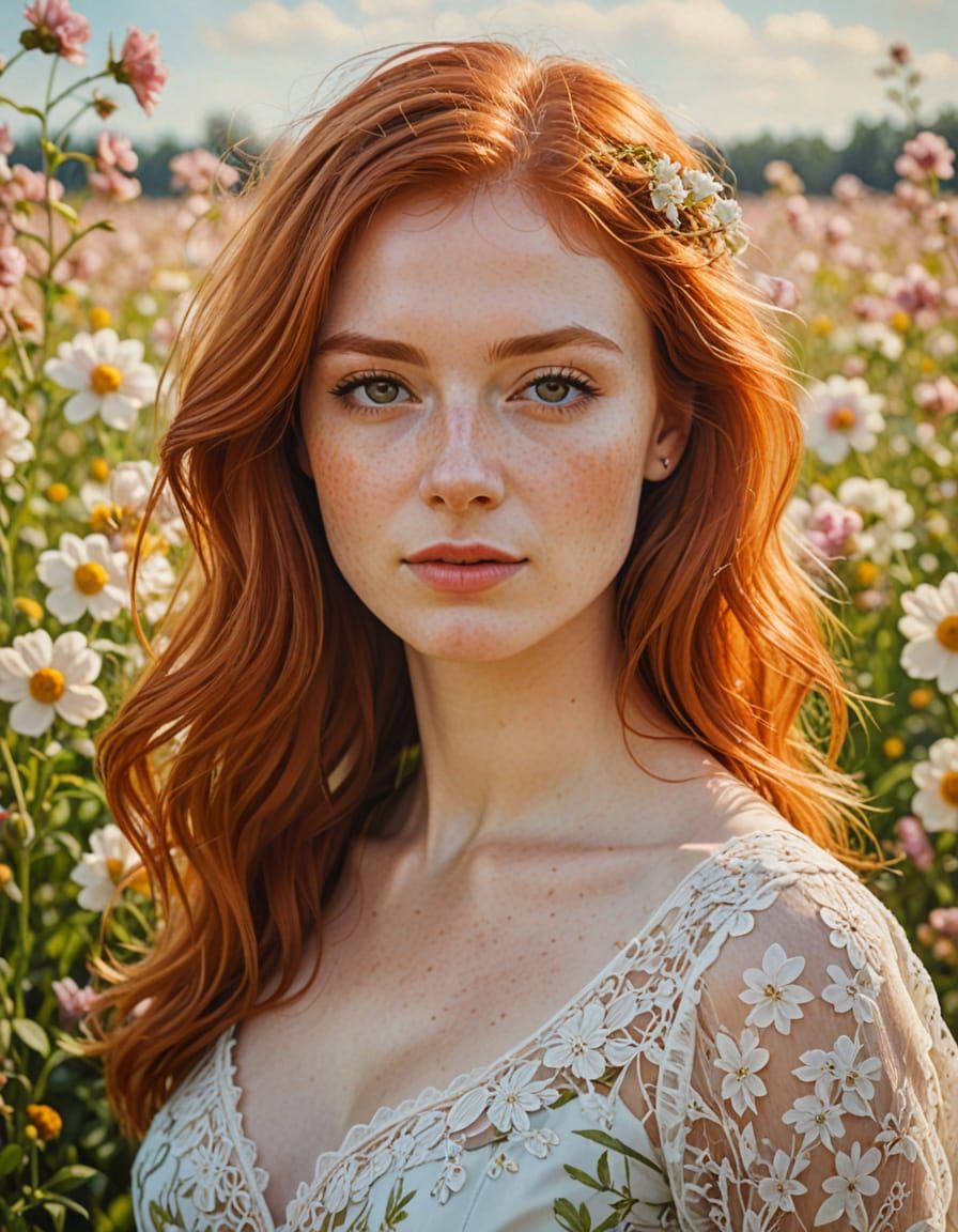 Redhead Woman in Flower Field Oil Painting