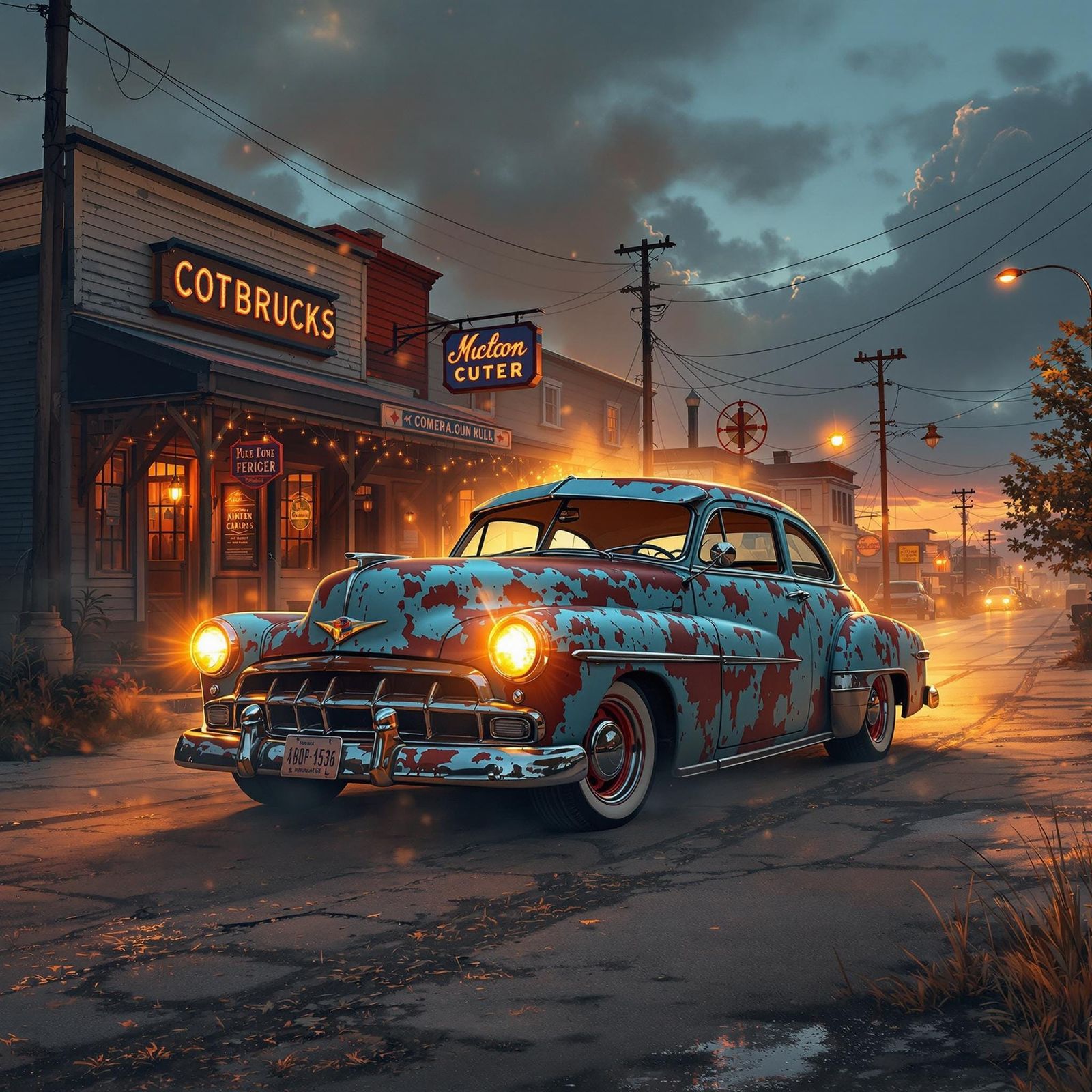 Vintage Automobile in Nostalgic Small-Town America