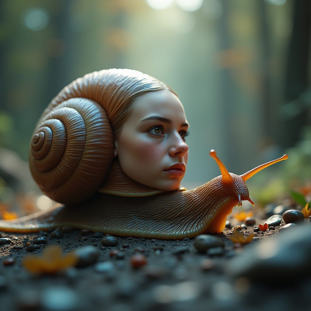 Mystical Human-Snail Hybrid in Dreamlike Setting