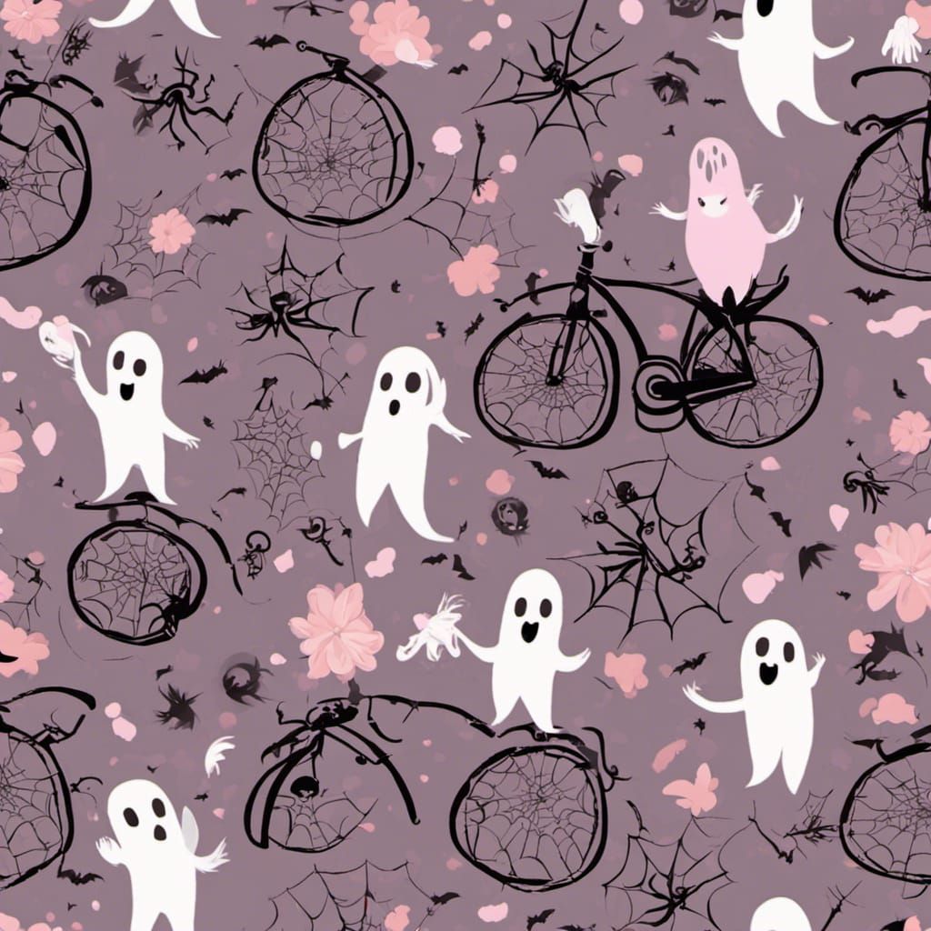 Tiny Retro Ghosts Ride Bicycle in Anime Style