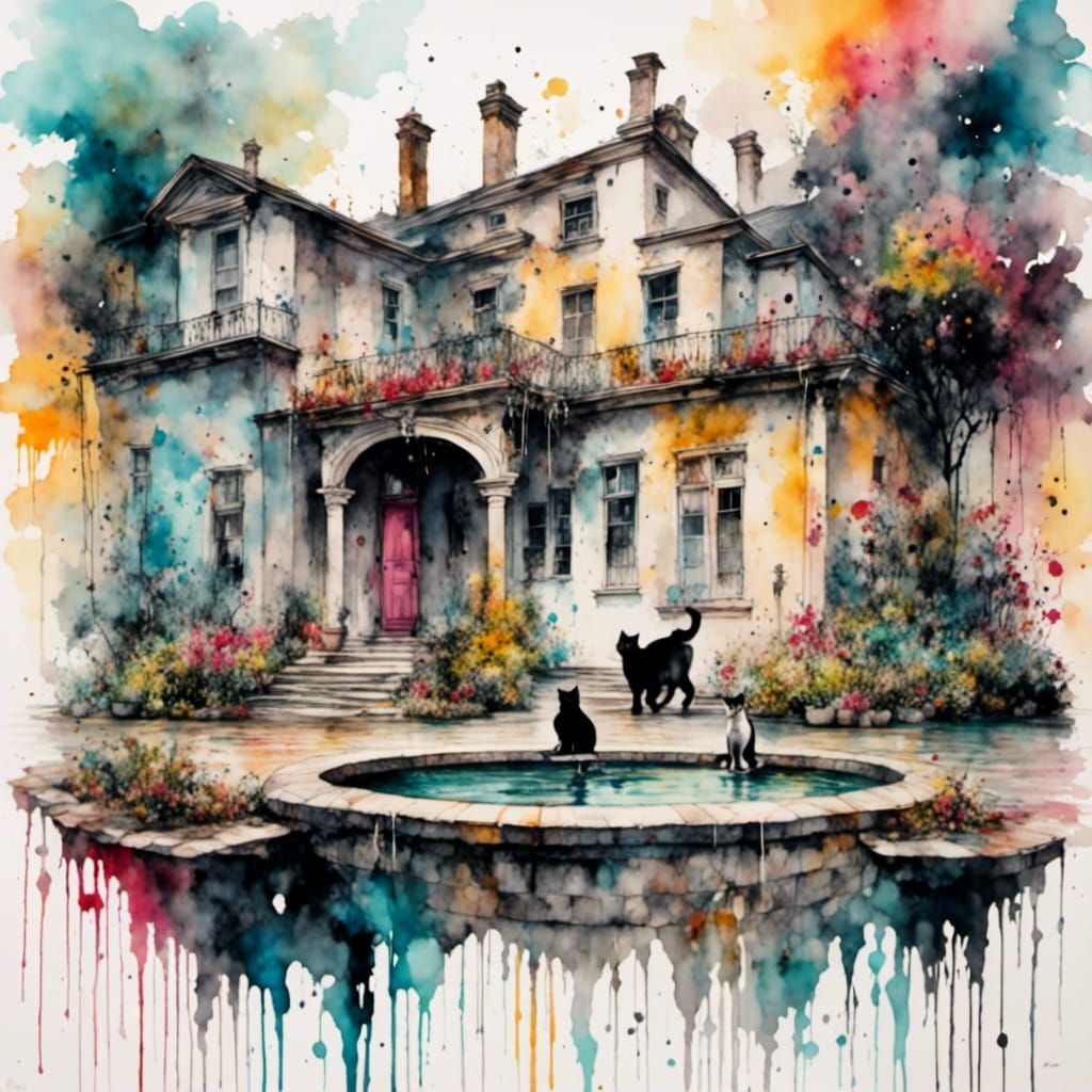 Expressionist Watercolor House with Cats and Gold Accents