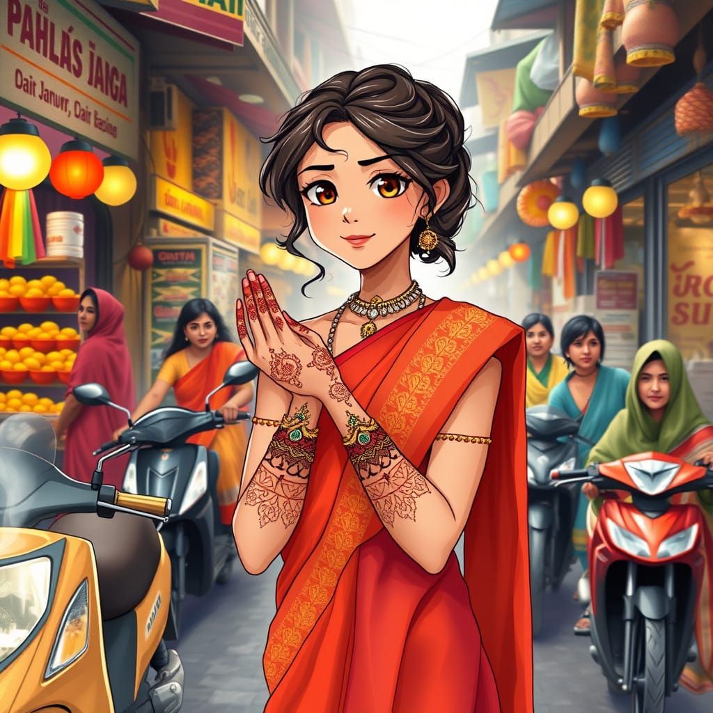 A beautiful young Hindu woman with henna tattoos on her hand...