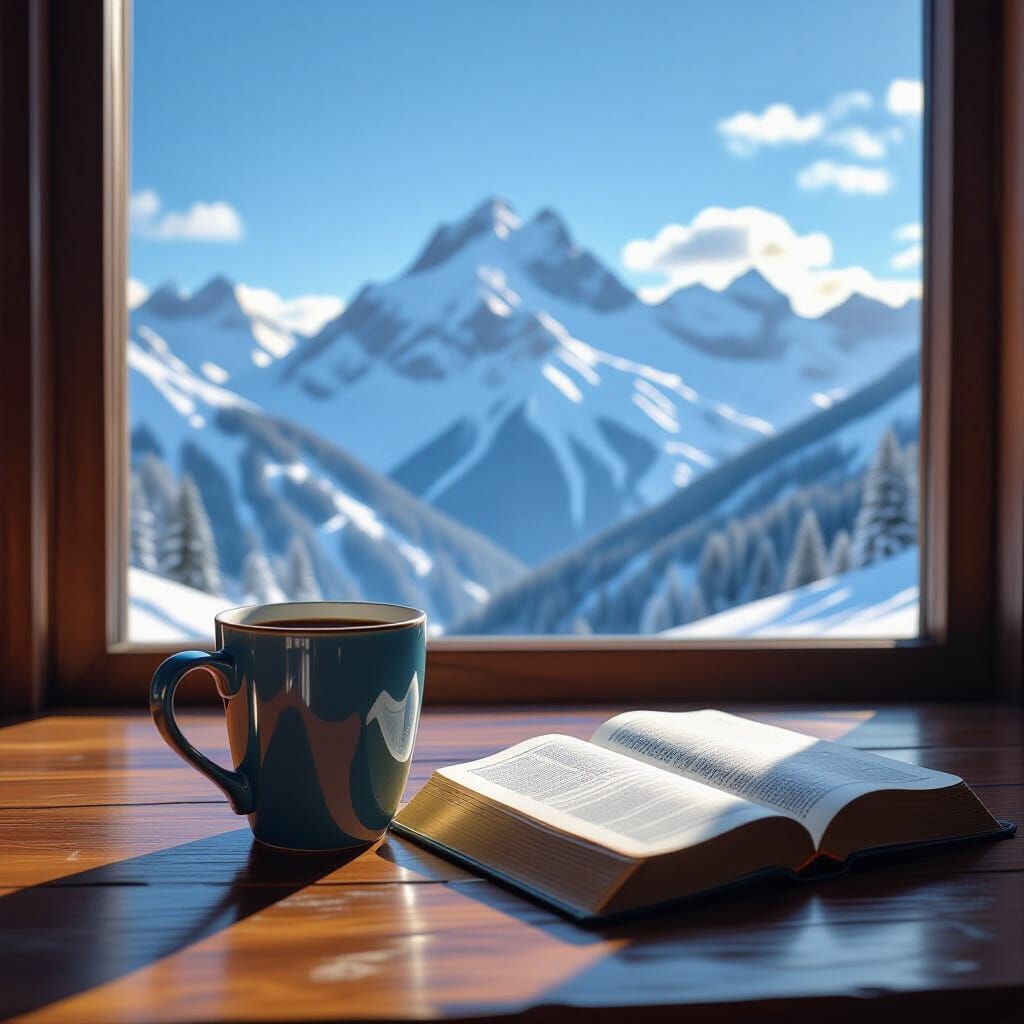 Serene Mountain Sunrise with Coffee and Bible in Digital Pai...