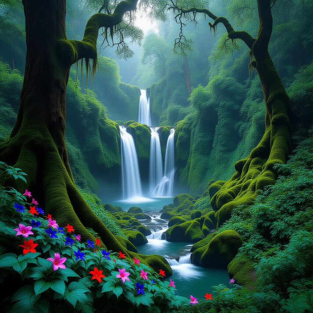 Enchanting Tiered Waterfalls in a Mystical Forest