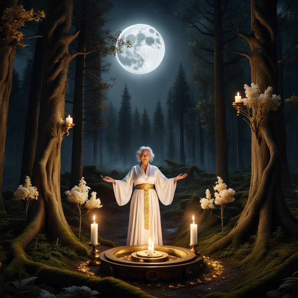 Mystical Forest Ritual Under Full Moon in Digital Art