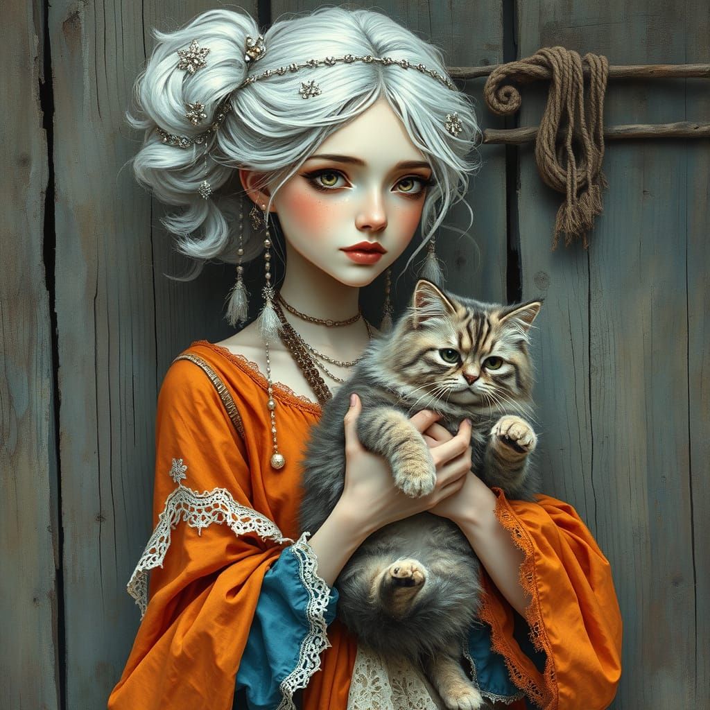 Dreamlike Ink Painting of Whimsical Woman with Cat