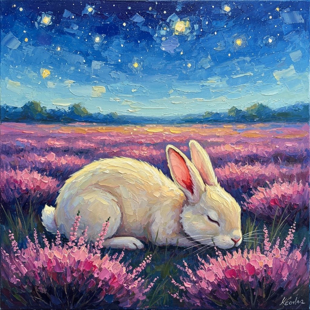 Rabbit Sleeping Under Stars in Neo-Impressionist Impasto Sty...