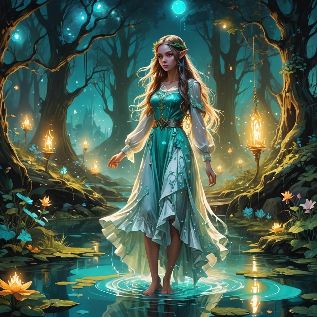 Enchanted Elf Steps into Aqua Pond in Graffiti Art