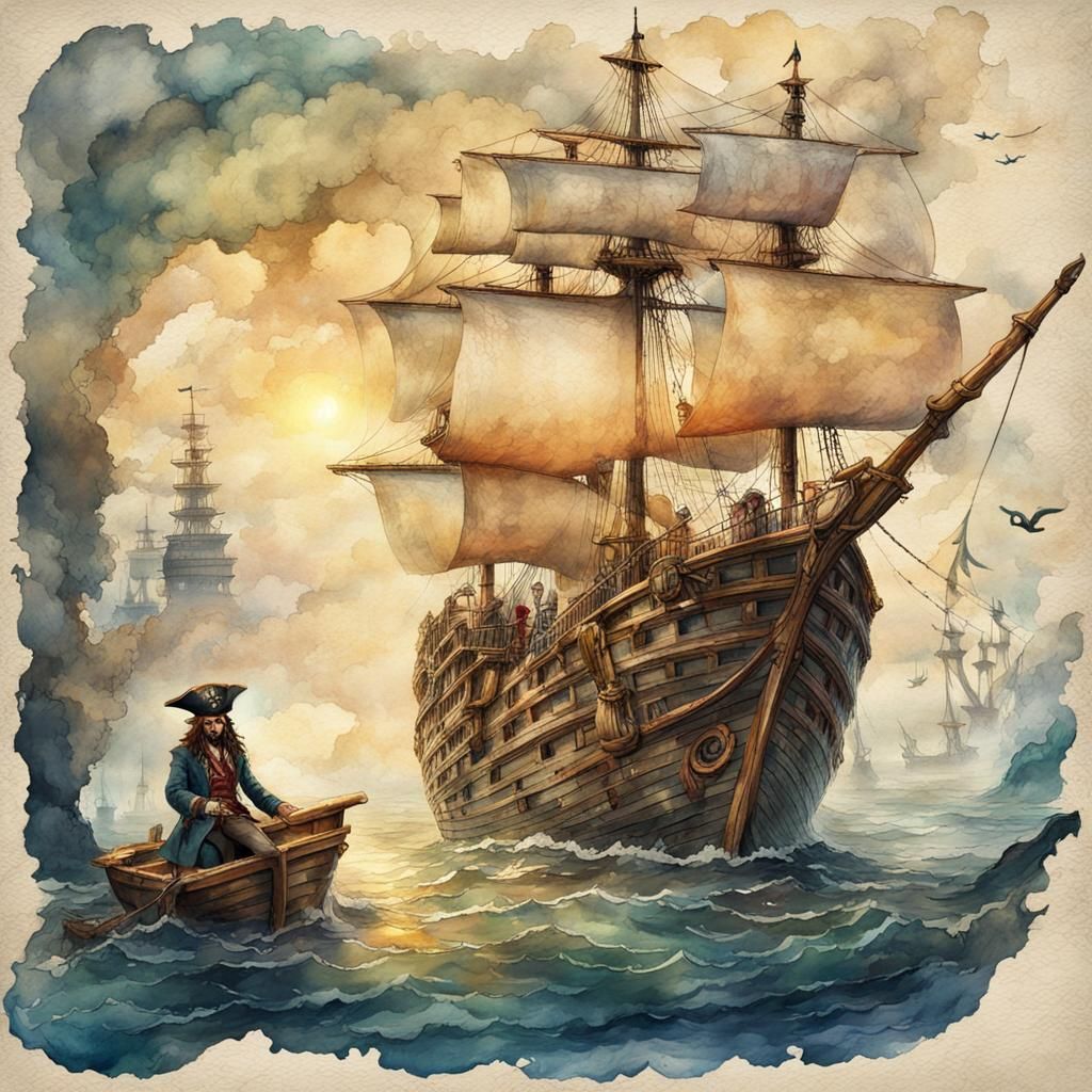 Pirate Ship on Journal Page in Watercolor Style