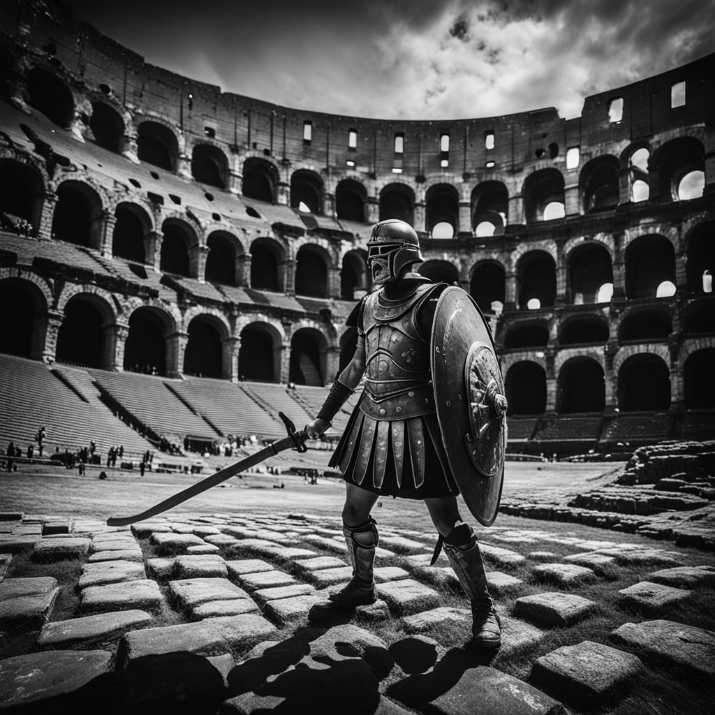 Gladiator in Roman Colosseum: Black and White Film Still