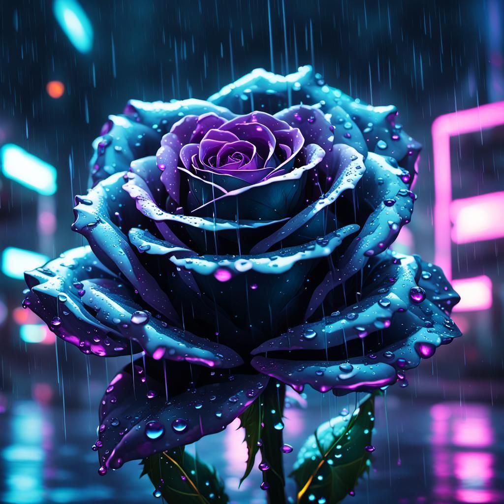 Cyberpunk Black Rose in Rainy Neon Cityscape