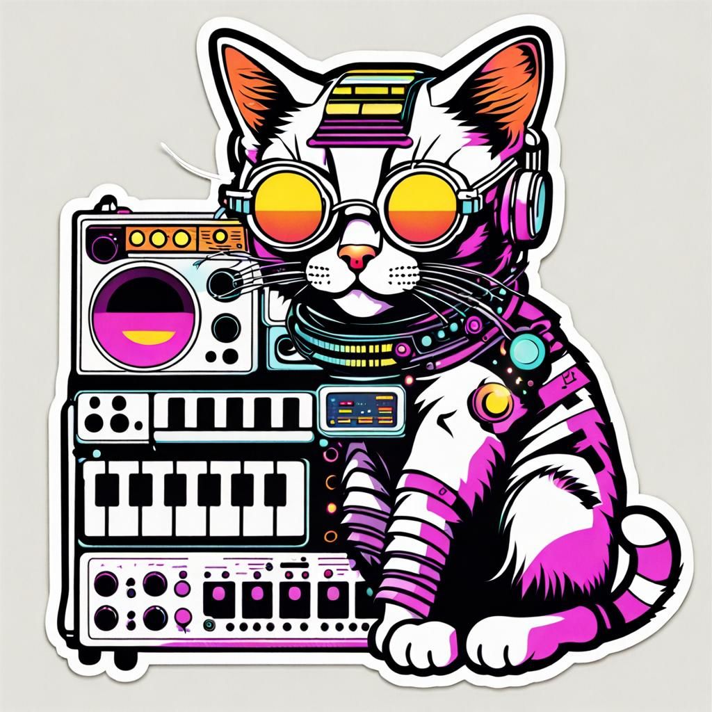 Cyborg Cat Plays Synth: 80s Retro Sticker Art
