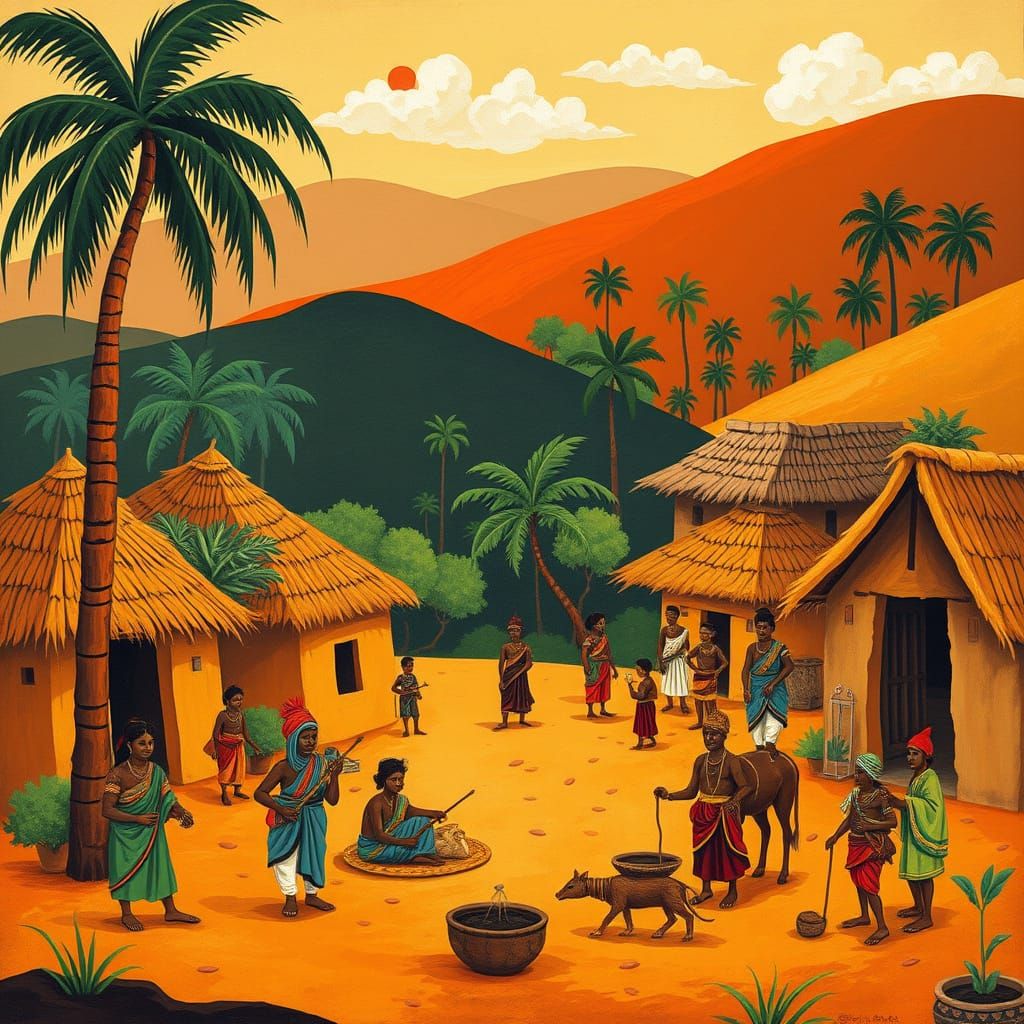Traditional Indian Village Scene in Vibrant Folk Art Style