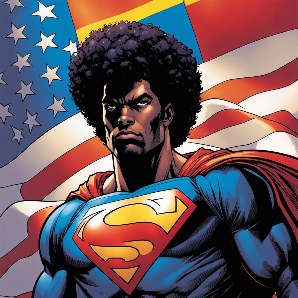 Black Superman with Afro and Pride Flag