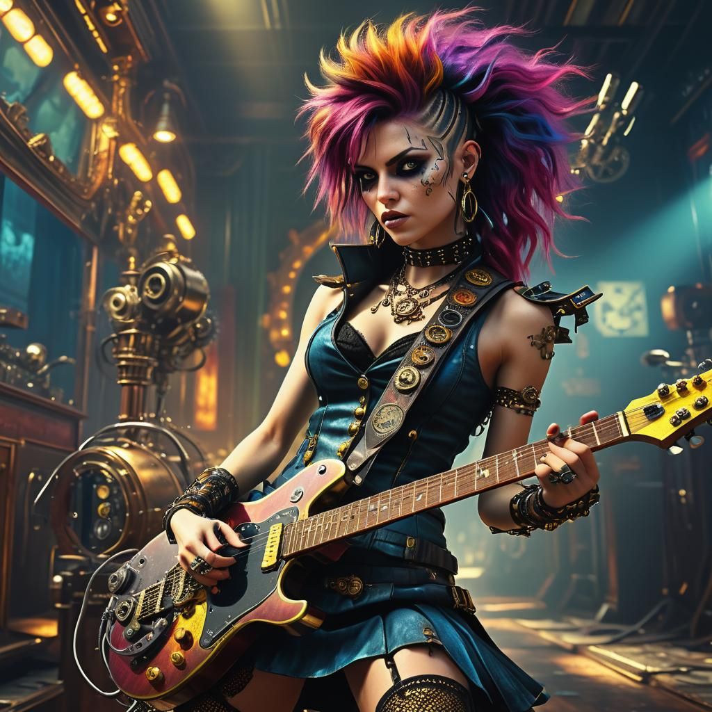 Steampunk Woman Plays Electric Guitar in Photorealistic Styl...