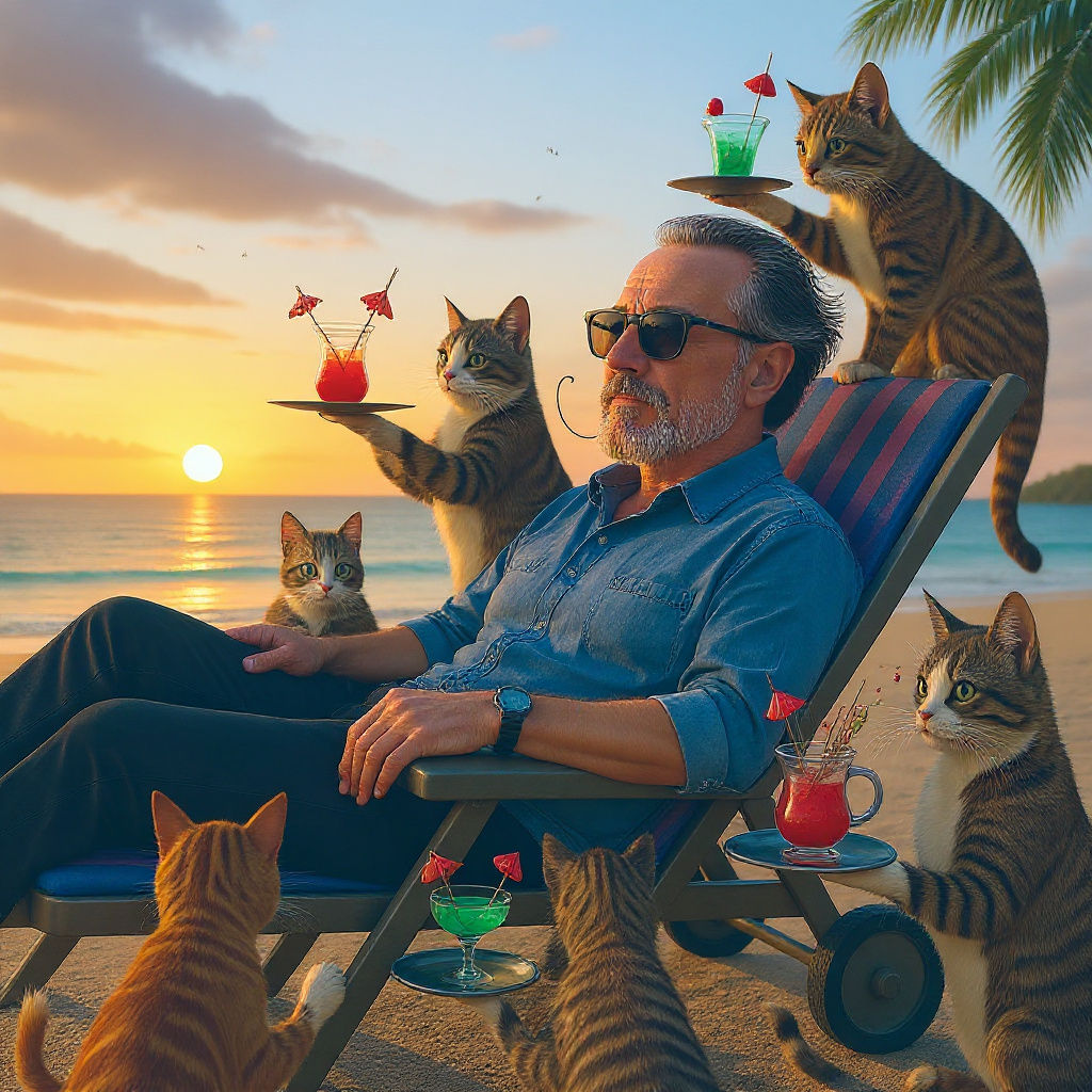Man Enjoying Sunset Cocktails Served by Cats