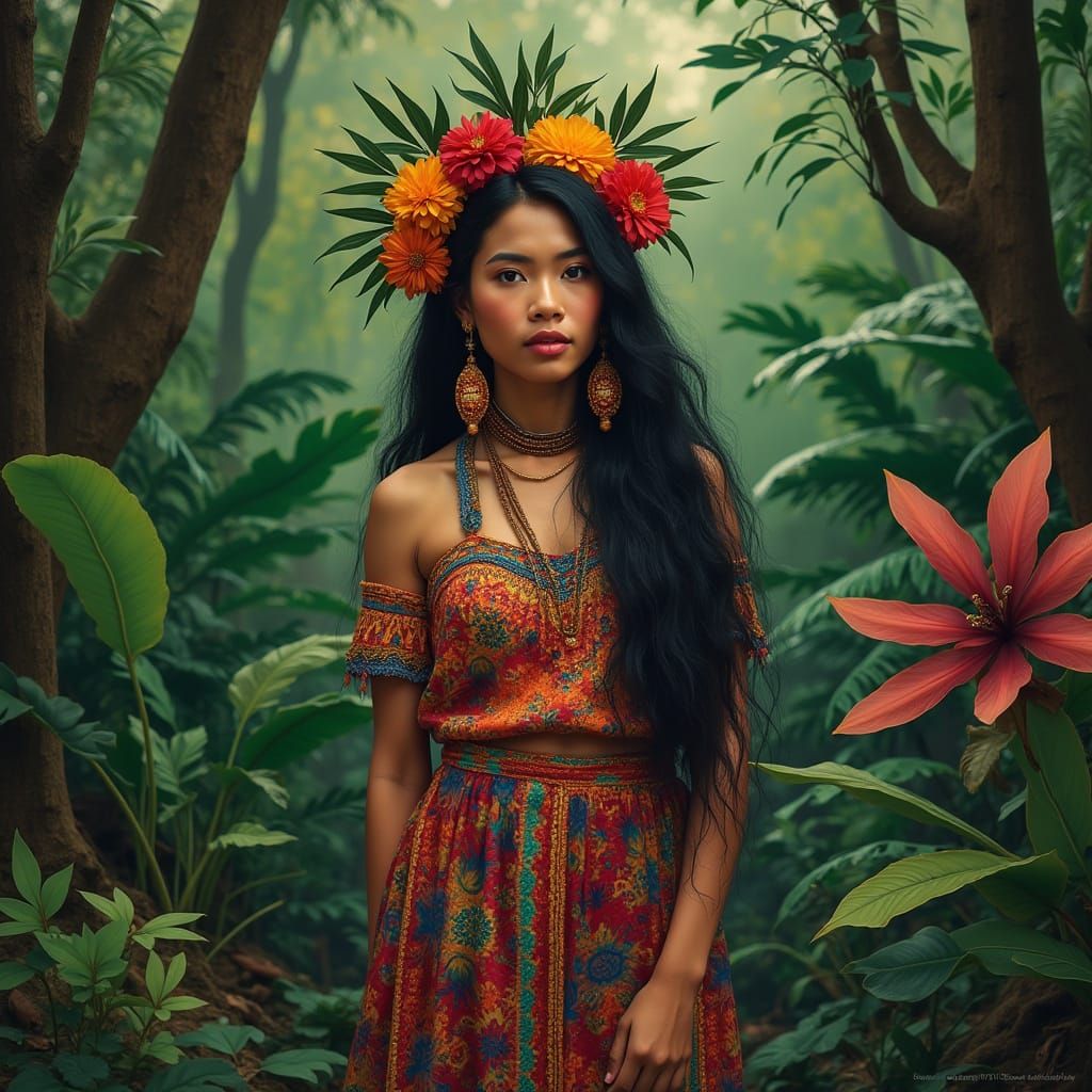 Andean Woman in Forest, Patchwork Art Style