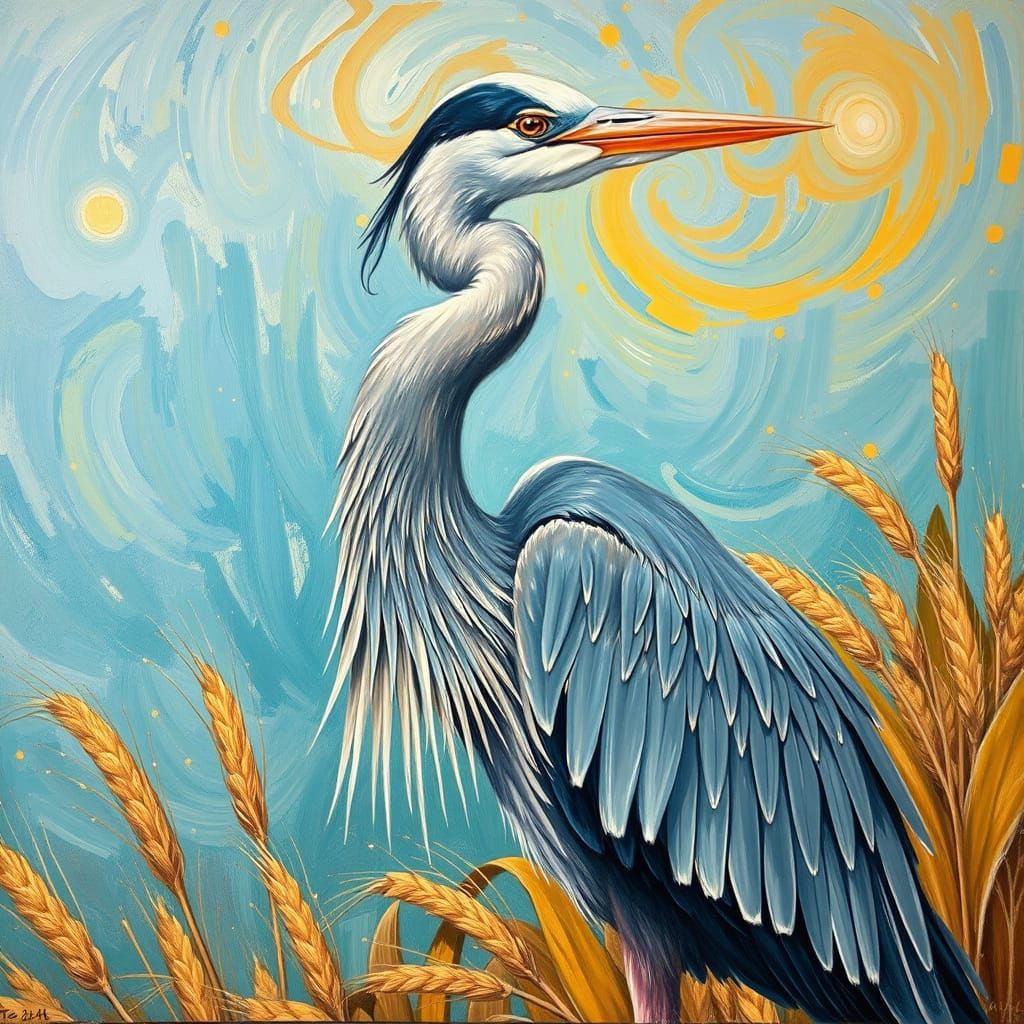 Majestic Heron in Dreamy Post-Impressionist Landscape
