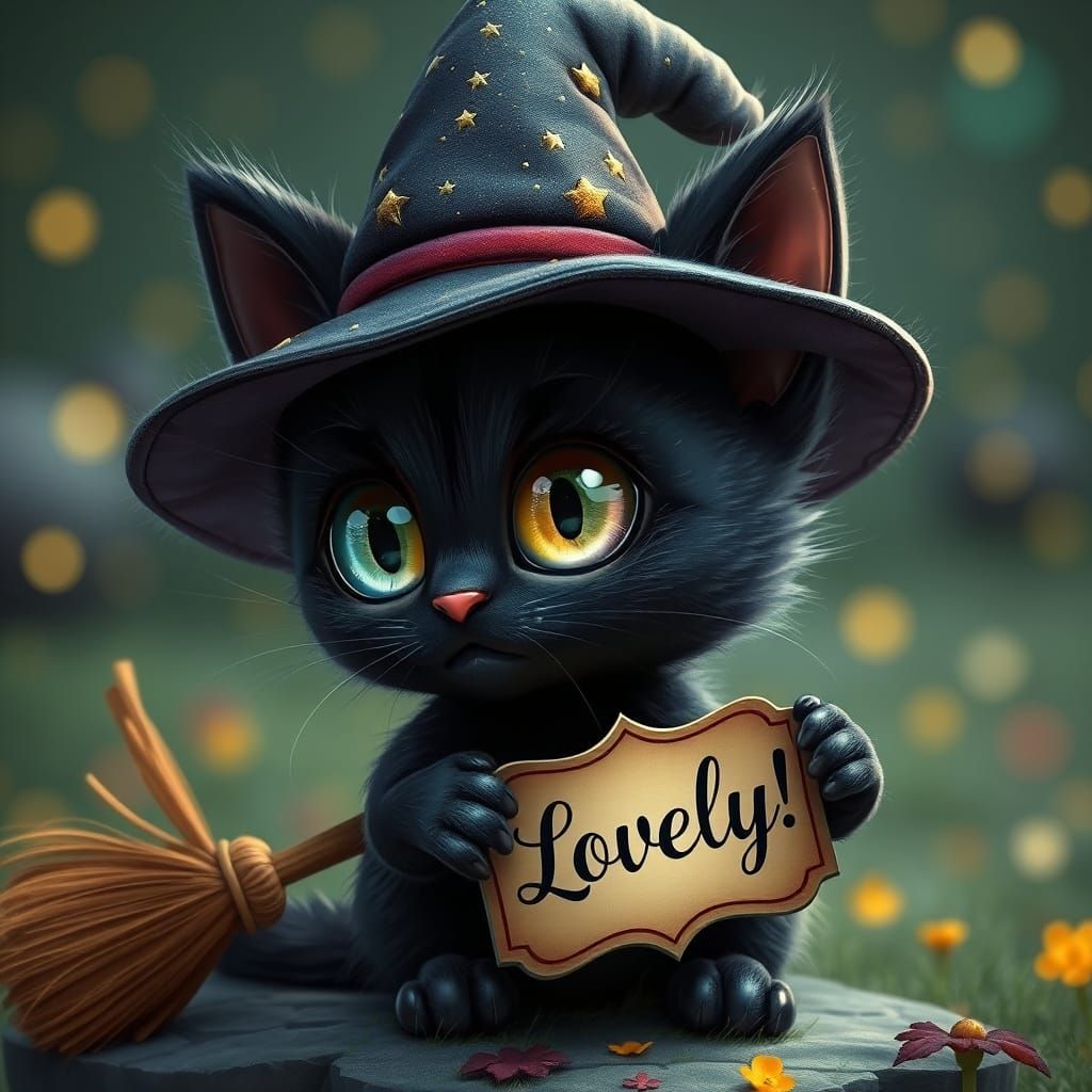 Whimsical Black Kitten in a Magical Scene
