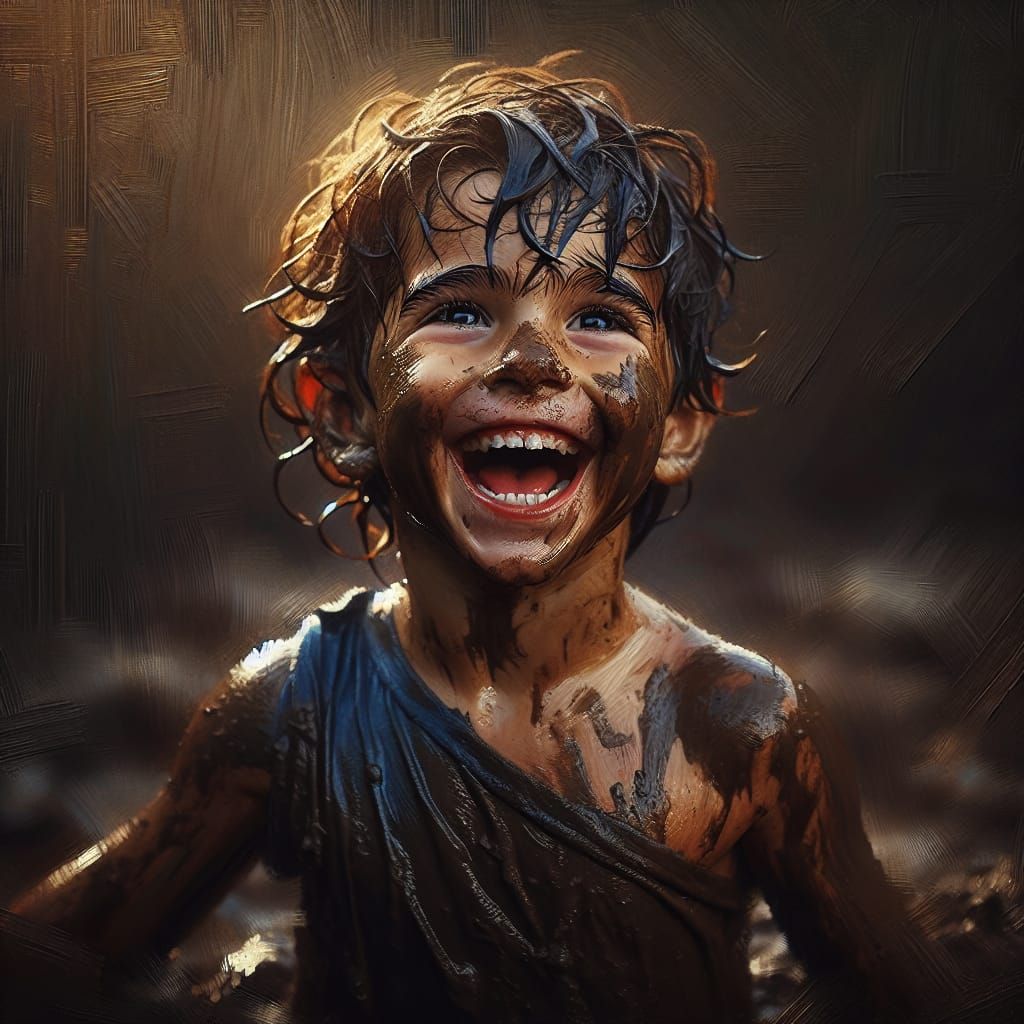 Joyful Mud-Covered Boy in Painterly Style