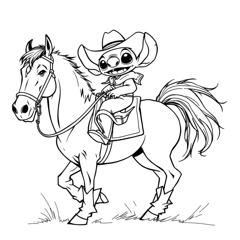 Stitch Rides a Horse: Black and White Cowboy Sketch