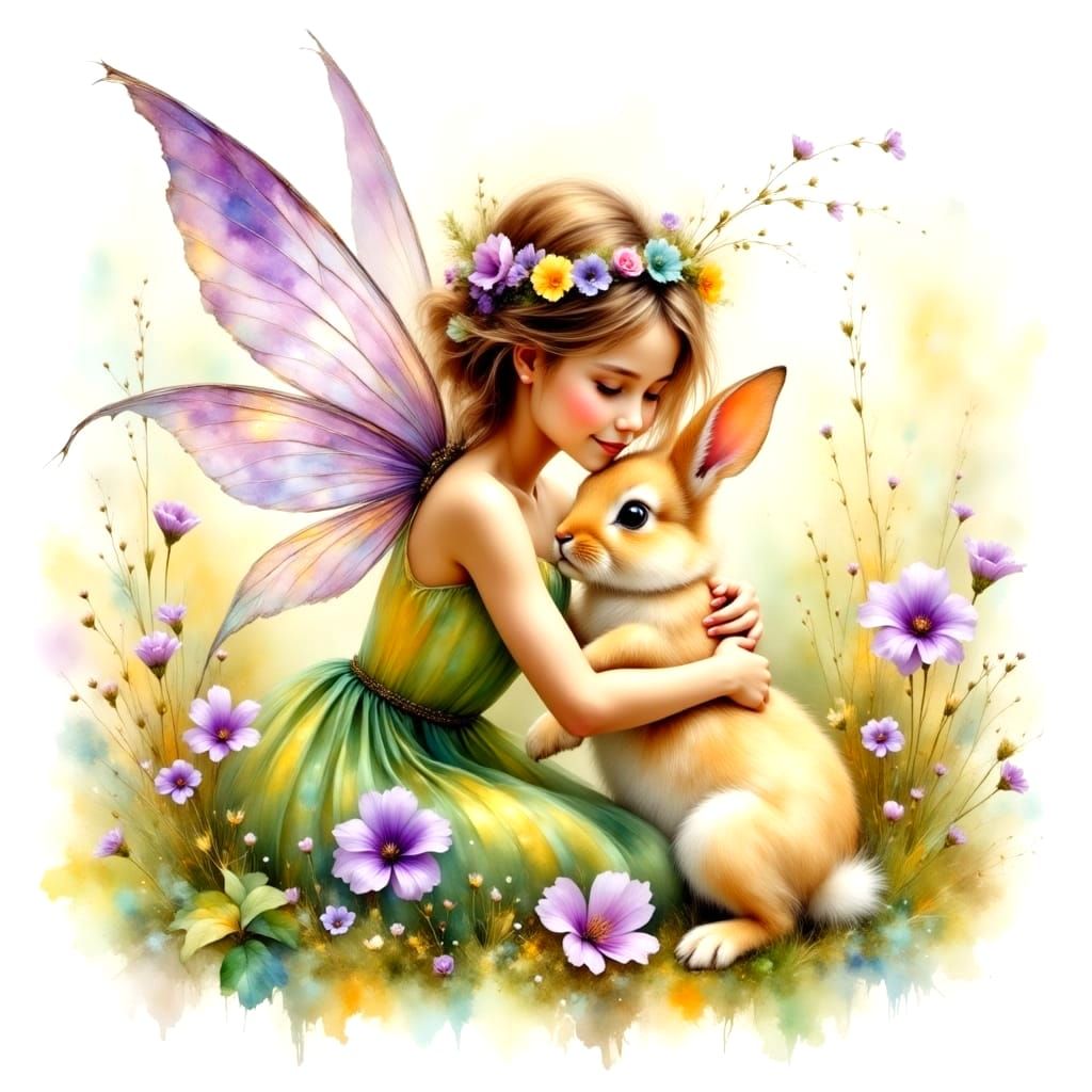 Whimsical Fairy and Bunny Watercolour Art