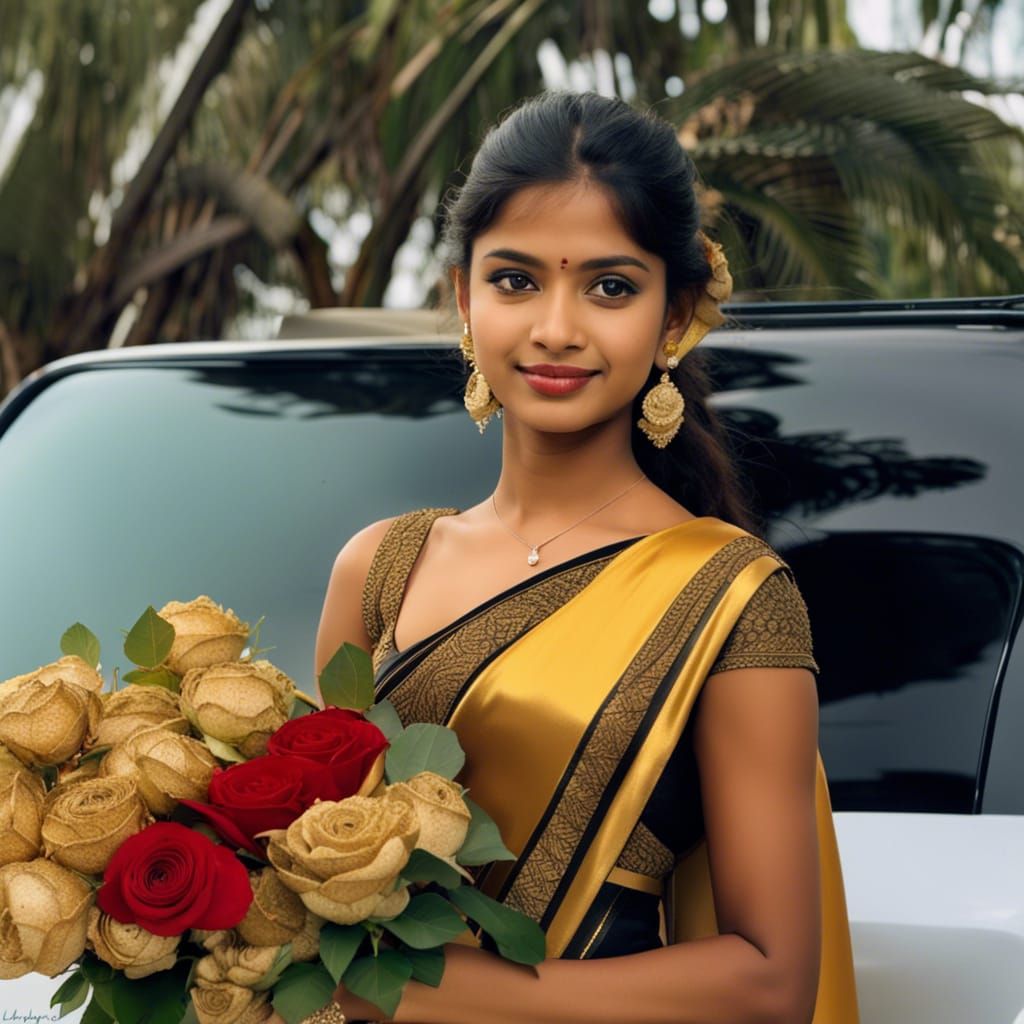 Sri Lankan Girl in Golden Saree with Roses