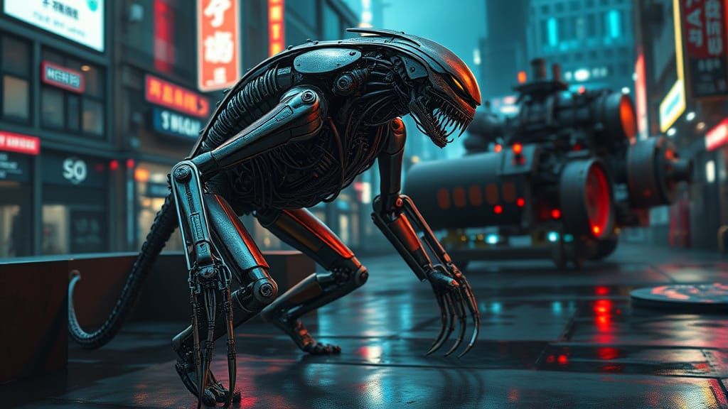 Biomechanical Creature in Dystopian Cyberpunk Cityscape