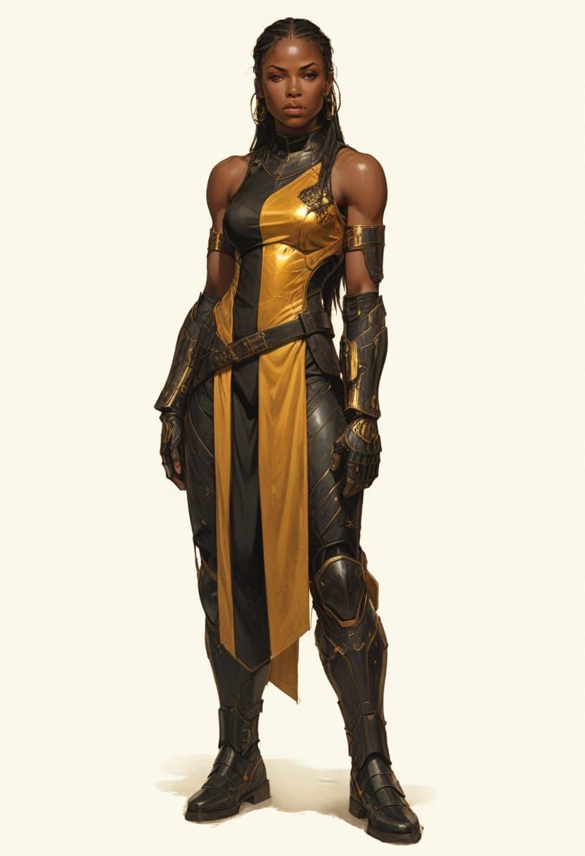 Muscular Woman in Sci-Fi Armor with Gold Detail