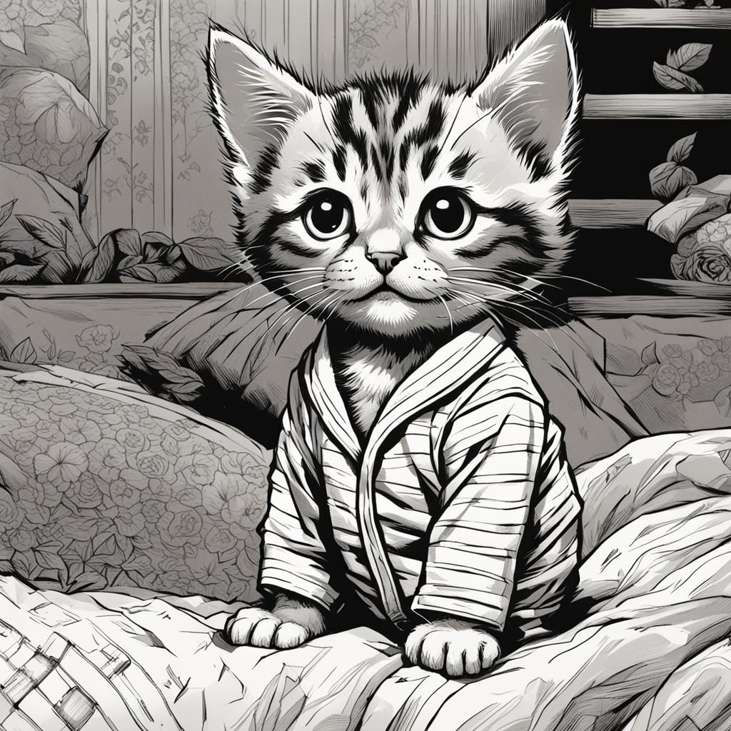 Tabby Kitten in Pyjamas: Tenniel-Style Drawing