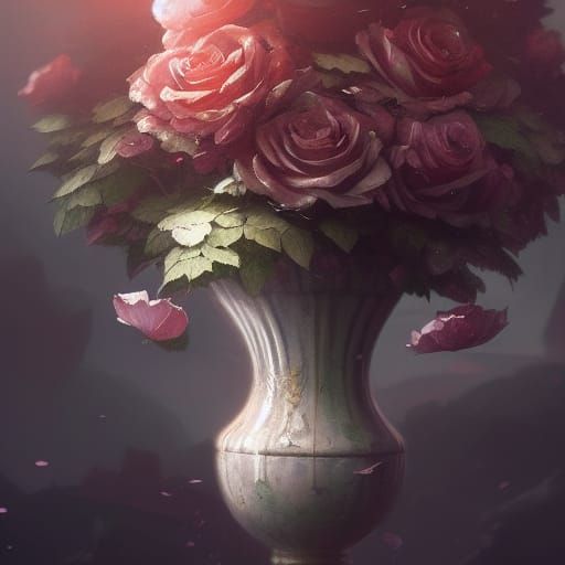 Hyperdetailed Rose with Falling Petals in Dark Fantasy Style