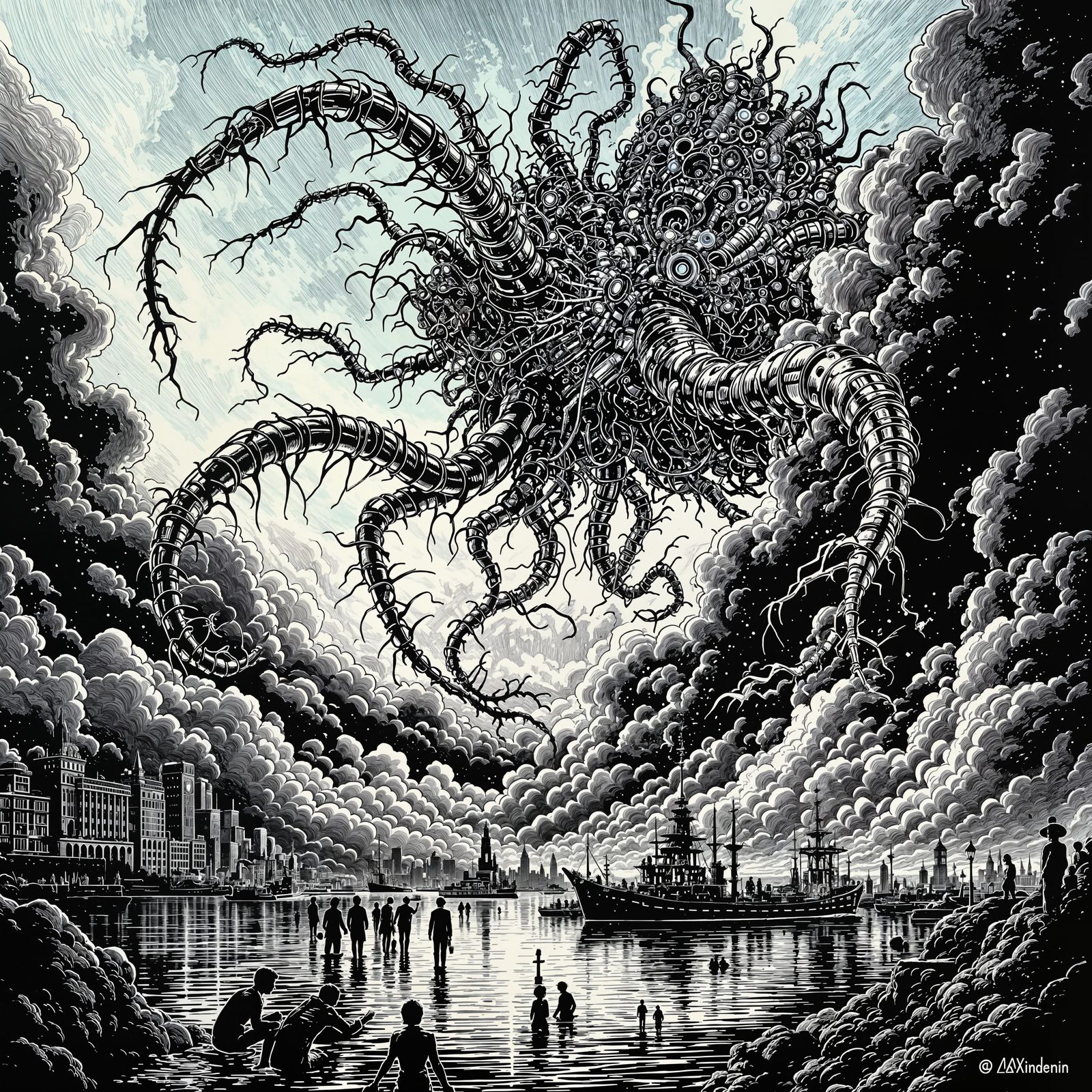 Surreal Bio-Mechanical Sky Over Baltimore Harbor