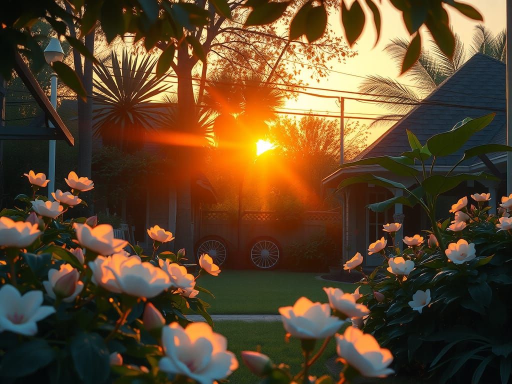 Sunset rays shine into the camera during evening in backyard garden, nostalgia