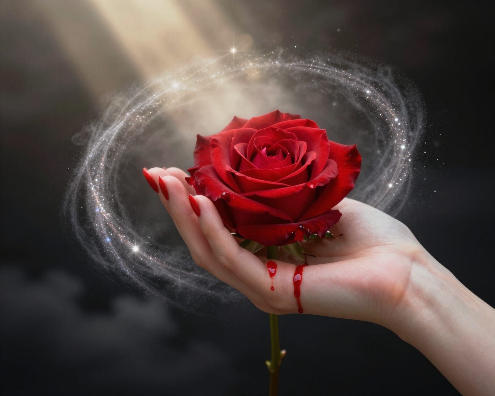 Ethereal Rose in Hand with Celestial Glittering Background