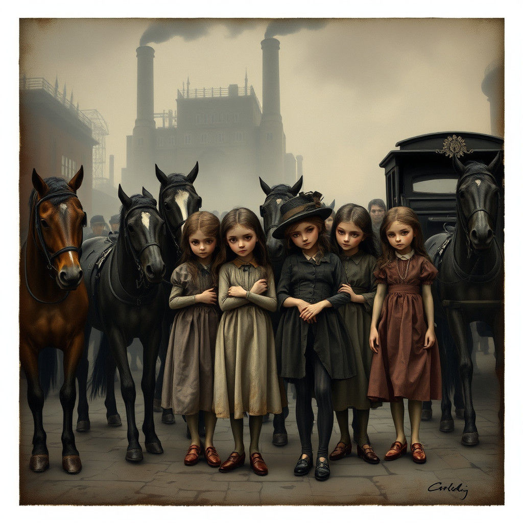 Victorian Matchstick Girls in Foggy London Street