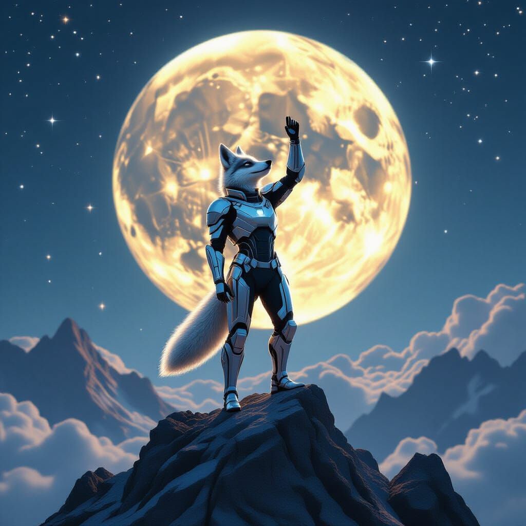 Jackal in Exosuit Under Moon, in Sci-Fi Style