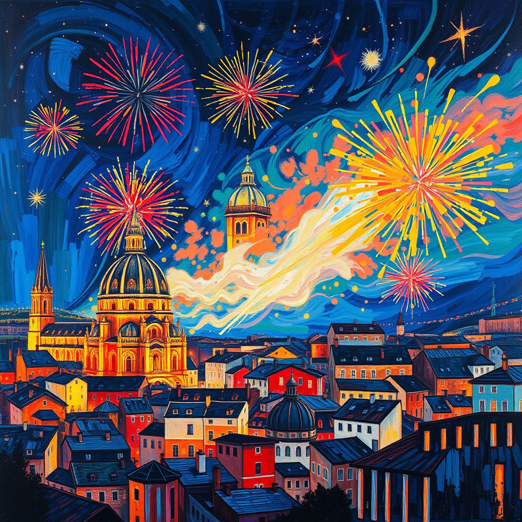 Fireworks Over Gothic Cityscape in Expressionist Style