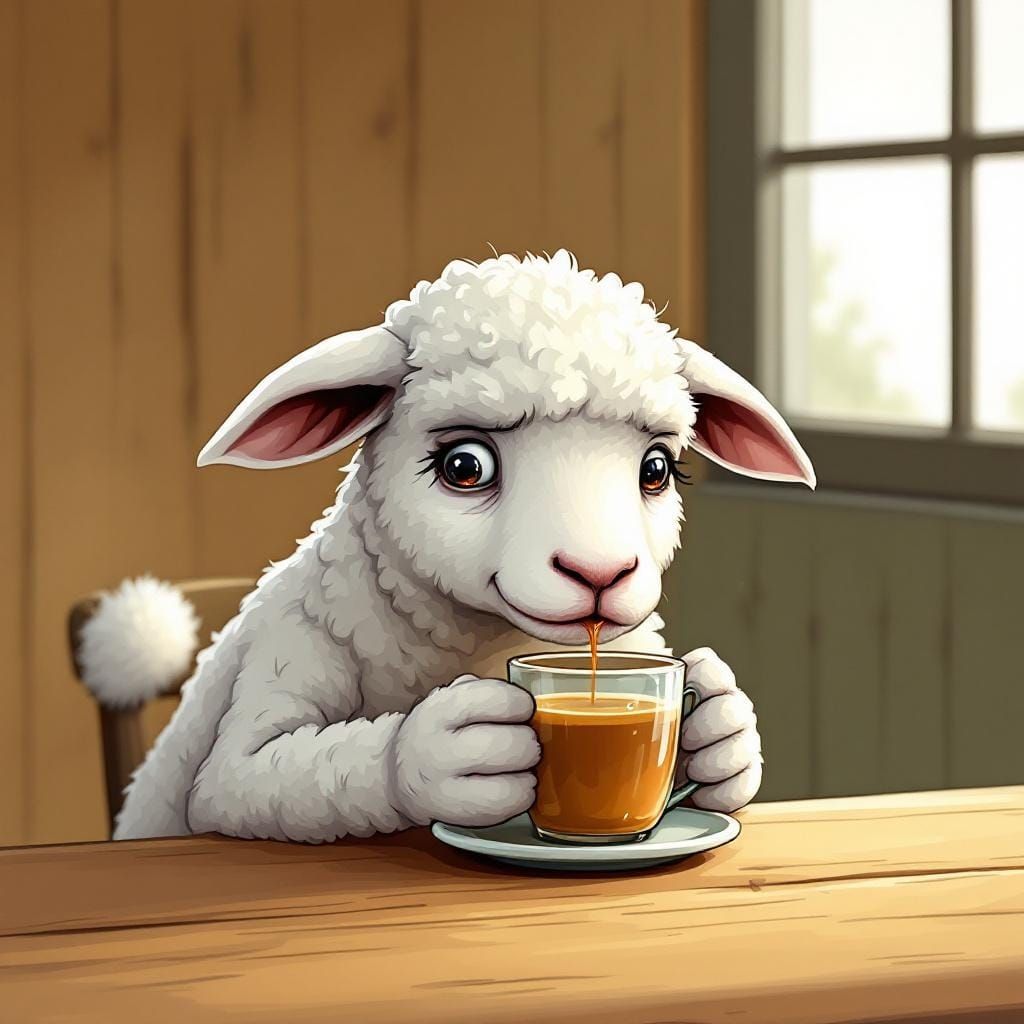 Nervous Lamb Enjoys Coffee: Comic Illustration