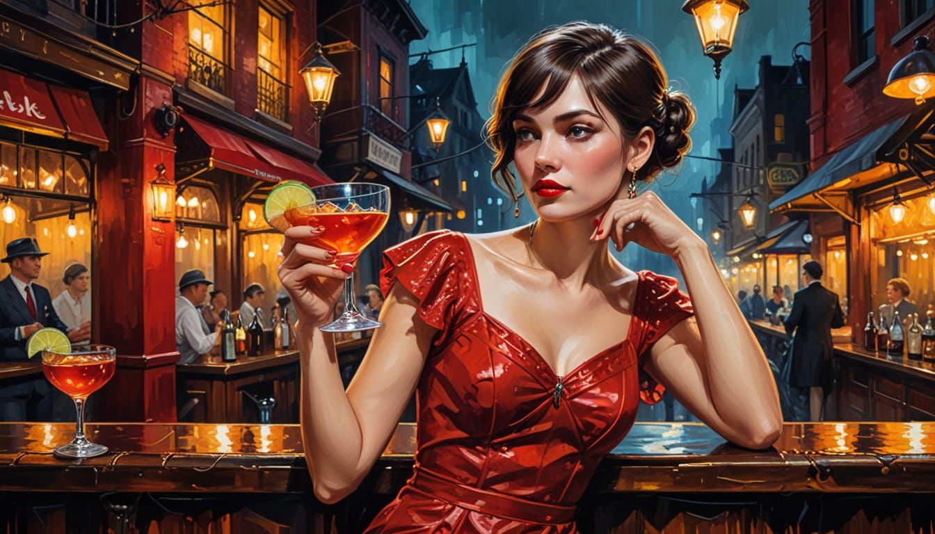 Steampunk 1920s Speakeasy Scene as Oil Painting