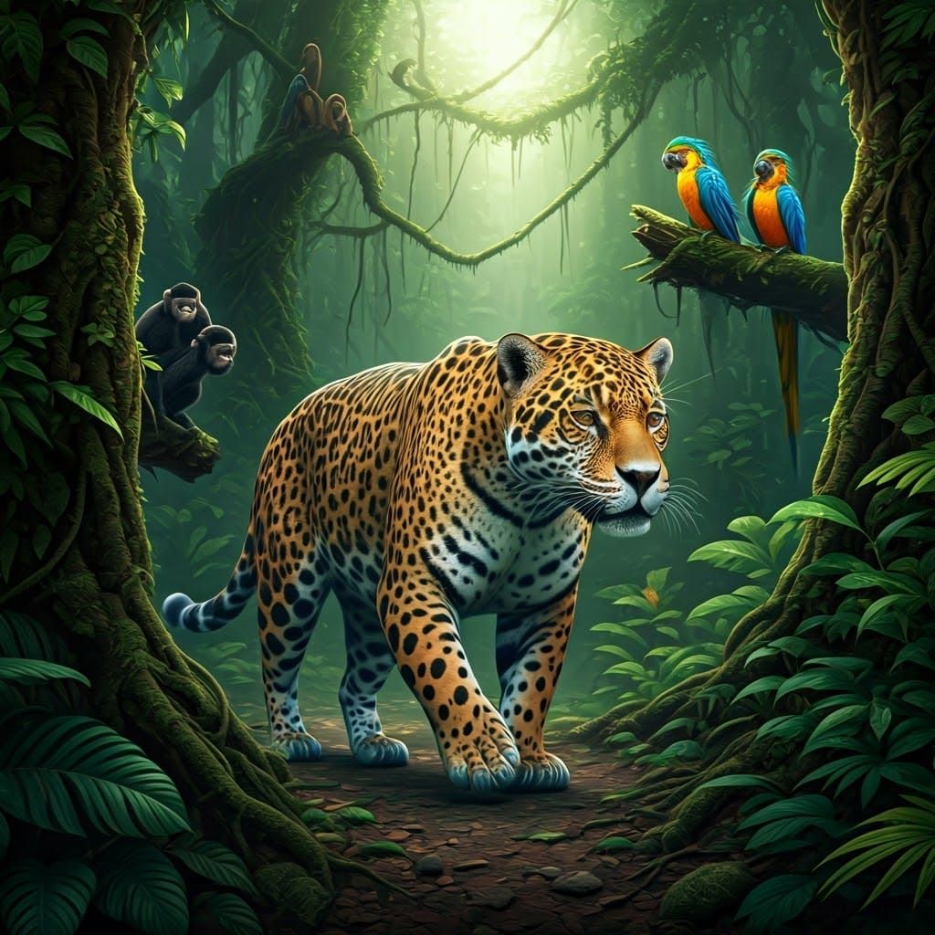 Jaguar Hunting in Rainforest Concept Art