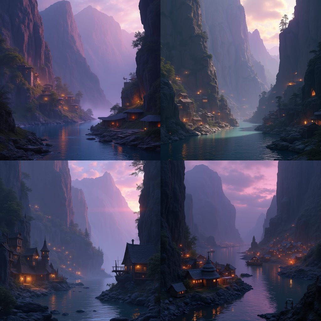 Fantasy Fjord Village with Cave Dwellings and Harbor