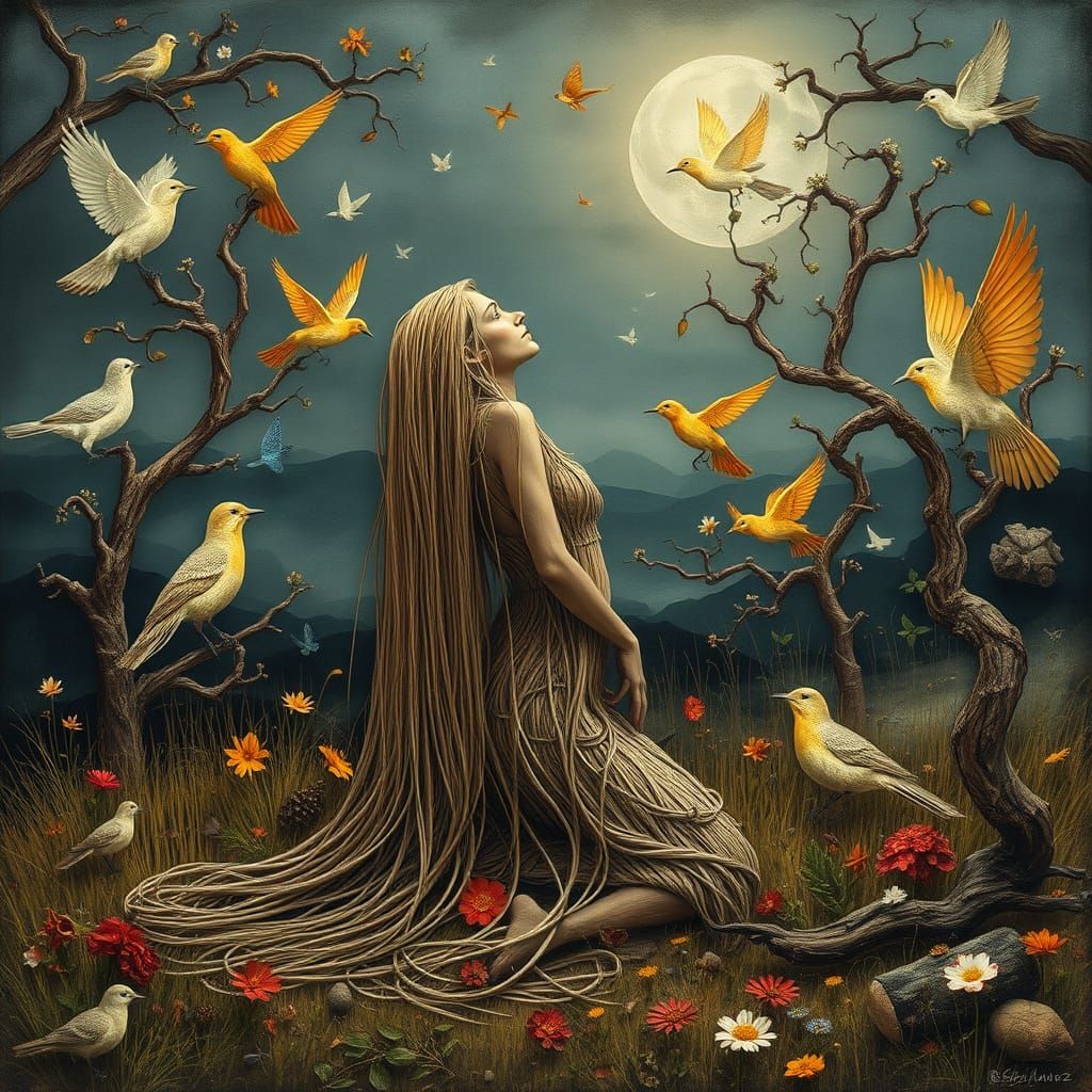 Woven Woman with Mythical Creatures in Rothko Style